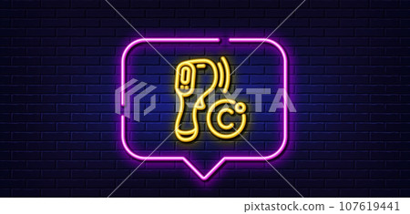 Neon light speech bubble. Electronic thermometer line icon. Temperature scanner sign. Fever measuring symbol. Neon light background. Electronic thermometer glow line. Brick wall banner. Vector 107619441