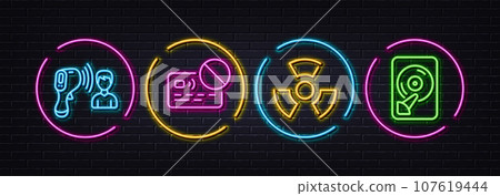Chemical hazard, Electronic thermometer and Card minimal line icons. Neon laser 3d lights. Hdd icons. For web, application, printing. Toxic, Temperature scan, Bank payment. Memory disk. Vector 107619444