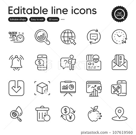 Set of Technology outline icons. Contains icons as Load document, Cyber attack and Presentation elements. Wallet, Seo analysis, Update comments web signs. Quick tips, Search employee. Vector 107619560