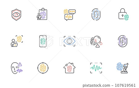 Biometric line icons. Fingerprint access, Eye biometric and Voice recognition. Detect identity, Check finger access and Scan eye or voice icons. Identify user by fingerprint, secure id. Vector 107619561