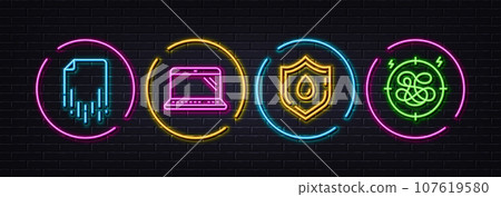 Blood donation, Laptop and Recovery file minimal line icons. Neon laser 3d lights. Stress icons. For web, application, printing. Medicine analyze, Computer, Backup document. Anxiety chat. Vector 107619580