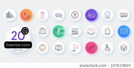 Simple set of Baggage reclaim, Gps and Paper plane line icons. Include Journey, Air balloon, Inventory icons. Disability, Delivery box, Warning web elements. Parcel tracking, Flag. Vector Simple set of Baggage reclaim, Gps and Paper plane line icons. Include Journey, Air balloon, Inventory icons. Disability, Delivery box, Warning web elements. Parcel tracking, Flag. Vector 107619605