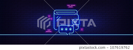 Neon light glow effect. Wallet line icon. Money purse password sign. Cash budget symbol. 3d line neon glow icon. Brick wall banner. Wallet outline. Vector Neon light glow effect. Wallet line icon. Money purse password sign. Cash budget symbol. 3d line neon glow icon. Brick wall banner. Wallet outline. Vector 107619762