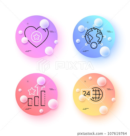 Video conference, Heart and 24h service minimal line icons. 3d spheres or balls buttons. Ranking stars icons. For web, application, printing. Online meeting, Star rating, Call support. Vector 107619764