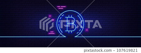 Neon light glow effect. Bitcoin line icon. Cryptocurrency coin sign. Crypto money symbol. 3d line neon glow icon. Brick wall banner. Bitcoin outline. Vector 107619821