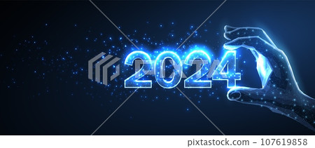 Numbers 2024 in digital hand. New year blue background. Numbers 2024 in digital hand. New year blue background. 107619858