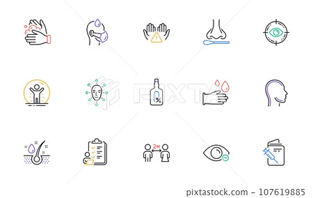 Head, Social distancing and Rubber gloves line icons for website, printing. Collection of Face biometrics, Alcohol free, Nasal test icons. Wash hands, Checklist, Serum oil web elements. Vector 107619885