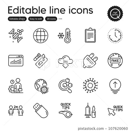 Set of Science outline icons. Contains icons as Swipe up, Medical vaccination and Coronavirus pandemic elements. Usb stick, Coronavirus, Chemistry lab web signs. Cloud download. Vector 107620060