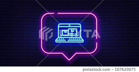 Neon light speech bubble. Web inventory line icon. Wholesale computer sign. Warehouse system symbol. Neon light background. Web inventory glow line. Brick wall banner. Vector 107620075