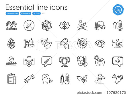 Social distance, Organic tested and Difficult stress line icons. Collection of Vaccine message, No vaccine, Uv protection icons. Washing hands, Use gloves, Medical syringe web elements. Vector 107620170