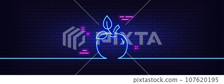 Neon light glow effect. Eco food line icon. Organic tested sign. Fair trade symbol. 3d line neon glow icon. Brick wall banner. Eco food outline. Vector Neon light glow effect. Eco food line icon. Organic tested sign. Fair trade symbol. 3d line neon glow icon. Brick wall banner. Eco food outline. Vector 107620195
