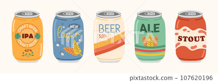 Set of beers in aluminum cans. Colored hand drawn illustration of different beer types, labels. Design elements for menu restaurant, pub. 107620196