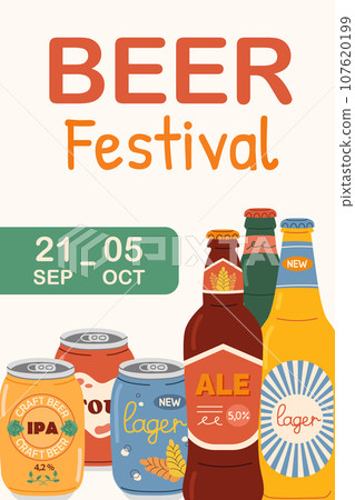 Event poster for beer festival. Colored hand drawn poster with different beer types in aluminum cans and glass bottles. 107620199