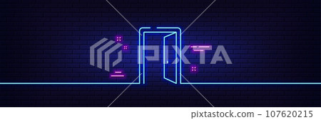 Neon light glow effect. Open door line icon. Entrance doorway sign. Building entry symbol. 3d line neon glow icon. Brick wall banner. Open door outline. Vector Neon light glow effect. Open door line icon. Entrance doorway sign. Building entry symbol. 3d line neon glow icon. Brick wall banner. Open door outline. Vector 107620215