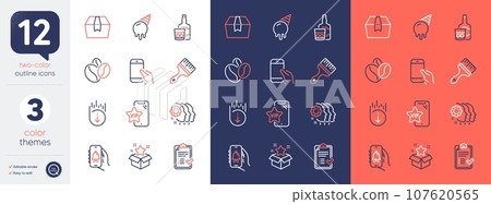 Set of Brush, Hold smartphone and Bell alert line icons. Include Ice cream, Approved checklist, Package box icons. Coffee beans, Whiskey glass, Employees teamwork web elements. Vip phone. Vector 107620565