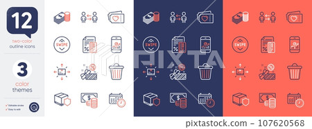 Set of Savings, Calendar and Credit card line icons. Include Cardboard box, Delivery insurance, Trash bin icons. Teamwork business, Coins banknote, Sale web elements. Love tickets. Vector Set of Savings, Calendar and Credit card line icons. Include Cardboard box, Delivery insurance, Trash bin icons. Teamwork business, Coins banknote, Sale web elements. Love tickets. Vector 107620568