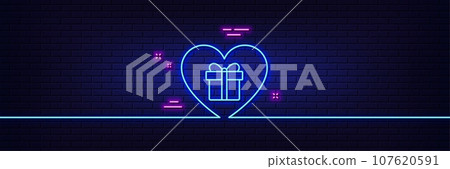 Neon light glow effect. Love Gift box line icon. Present or Sale sign. Birthday Shopping symbol. Package in Gift Wrap. 3d line neon glow icon. Brick wall banner. Romantic gift outline. Vector 107620591