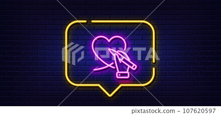 Neon light speech bubble. Donation organization line icon. Volunteer care sign. Health insurance symbol. Neon light background. Social care glow line. Brick wall banner. Vector Neon light speech bubble. Donation organization line icon. Volunteer care sign. Health insurance symbol. Neon light background. Social care glow line. Brick wall banner. Vector 107620597
