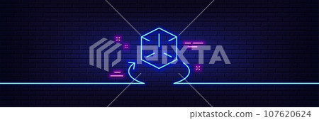 Neon light glow effect. Augmented reality line icon. VR simulation sign. 3d cube symbol. 3d line neon glow icon. Brick wall banner. Augmented reality outline. Vector 107620624
