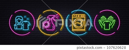 Washing machine, Coronavirus spray and Clean shirt minimal line icons. Neon laser 3d lights. Hold t-shirt icons. For web, application, printing. Vector Washing machine, Coronavirus spray and Clean shirt minimal line icons. Neon laser 3d lights. Hold t-shirt icons. For web, application, printing. Vector 107620628