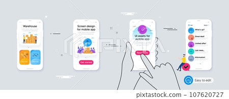 Outline set of Parcel shipping, Dj controller and Smile line icons for web application. Phone ui interface. Include Wallet, Balloon dart, Shower icons. Vector Outline set of Parcel shipping, Dj controller and Smile line icons for web application. Phone ui interface. Include Wallet, Balloon dart, Shower icons. Vector 107620727