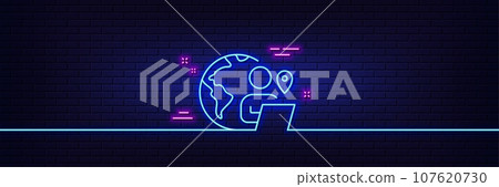 Neon light glow effect. Outsource work line icon. Freelance job sign. Remote employee symbol. 3d line neon glow icon. Brick wall banner. Outsource work outline. Vector 107620730