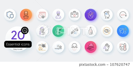 Simple set of Alcohol free, Cough and Cardio calendar line icons. Include Vaccination appointment, Not looking, Uv protection icons. Vaccine attention, Medical mask, Dont touch web elements. Vector 107620747