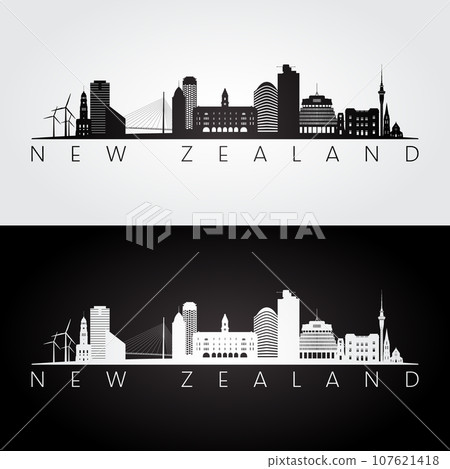 New Zealand skyline and landmarks silhouette New Zealand skyline and landmarks silhouette 107621418