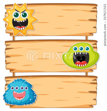 Cute Alien Monsters Cartoon on Wooden Signboard 107621501