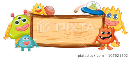Cute Alien Monsters Cartoon with Wooden Frame Board 107621502