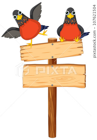 Birds Standing on Wooden Signboard Banner 107621504