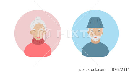 Elderly people avatar. Grandfather and grandmother. Old people with gray hair. Vector illustration 107622315