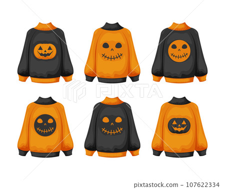Sweaters for All Saints Day. Black and orange hoodies with the image of Jack the pumpkin s face. Halloween-themed printed clothes. Vector illustration Sweaters for All Saints Day. Black and orange hoodies with the image of Jack the pumpkin s face. Halloween-themed printed clothes. Vector illustration 107622334