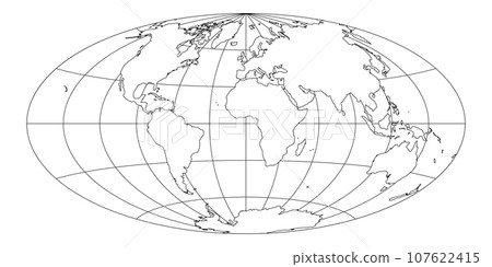 Simplified Map of World with latitude and longitude grid. Aitoff projection. White land with black stroke. Vector illustration. 107622415