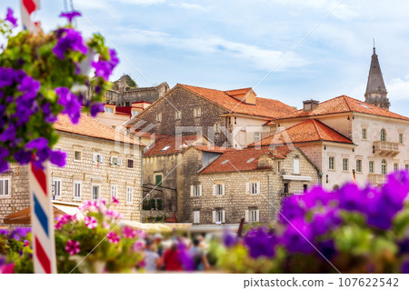 Houses of Perast, Montenegro and flowers 107622542
