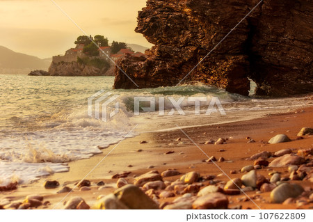 Sveti Stefan at sunset, near Budva, Montenegro. 107622809