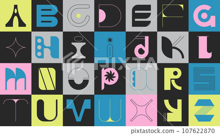 Brutalism modern font type, aesthetics latin alphabet of eclectic shapes 107622870