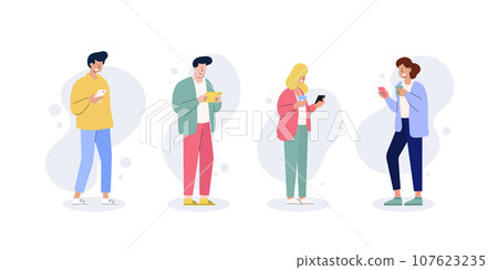 Young people using smartphones for online communication and social media interaction. Flat cartoon character illustration set. Young people using smartphones for online communication and social media interaction. Flat cartoon character illustration set. 107623235