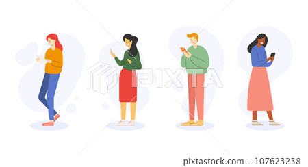Young people using smartphones for online communication and social media interaction. Flat cartoon character illustration set. 107623238