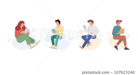 Young people using smartphones for online communication and social media interaction. Flat cartoon character illustration set. Young people using smartphones for online communication and social media interaction. Flat cartoon character illustration set. 107623240