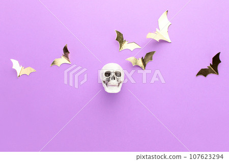 Halloween banner with an artificial human skull, Halloween flyer or greeting card concept 107623294
