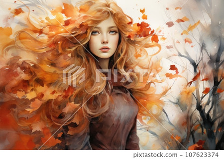 Watercolor autumn girl with long hair and leaves on white background Watercolor autumn girl with long hair and leaves on white background 107623374