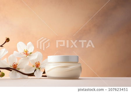 Cosmetic cream blank jar mock up with white flowers on light pastel background. 107623451
