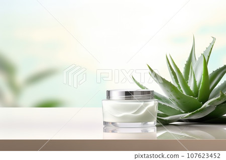 cream blank jar mock up with aloe on light pastel background cream blank jar mock up with aloe on light pastel background 107623452