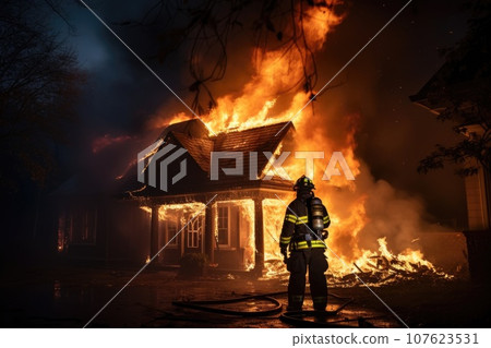 Firefighter in safety uniform extinguishes a burning house. Firefighter in safety uniform extinguishes a burning house. 107623531