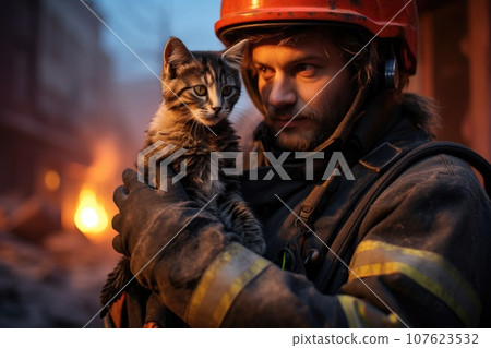 A heroic firefighter saved a cat from fire. Fire on background. A heroic firefighter saved a cat from fire. Fire on background. 107623532