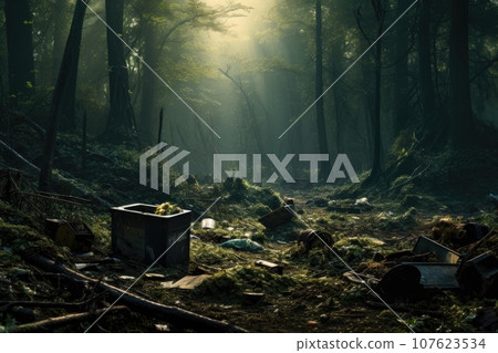 Trash in the forest. Concept of human pollution of nature. Trash in the forest. Concept of human pollution of nature. 107623534