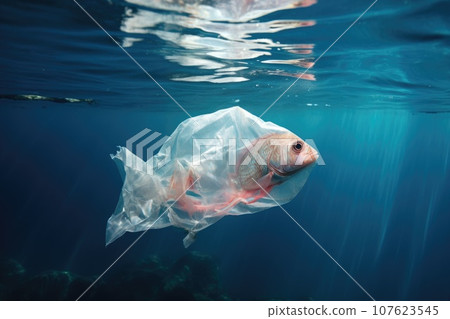Fish in a piece of cellophane bag swims in the ocean. 107623545