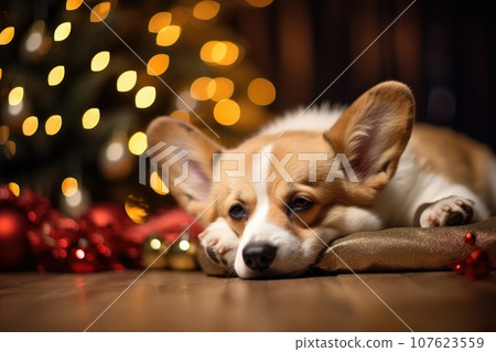 Cute corgi puppy dog sleeping under the christmas tree. bokeh background 107623559