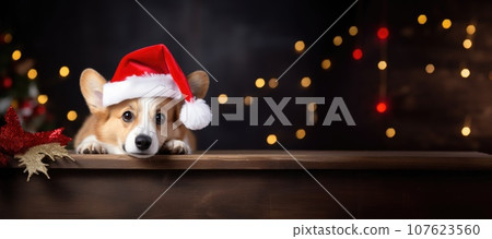 Christmas banner of corgi dog wearing santa hat on bokeh background. 107623560